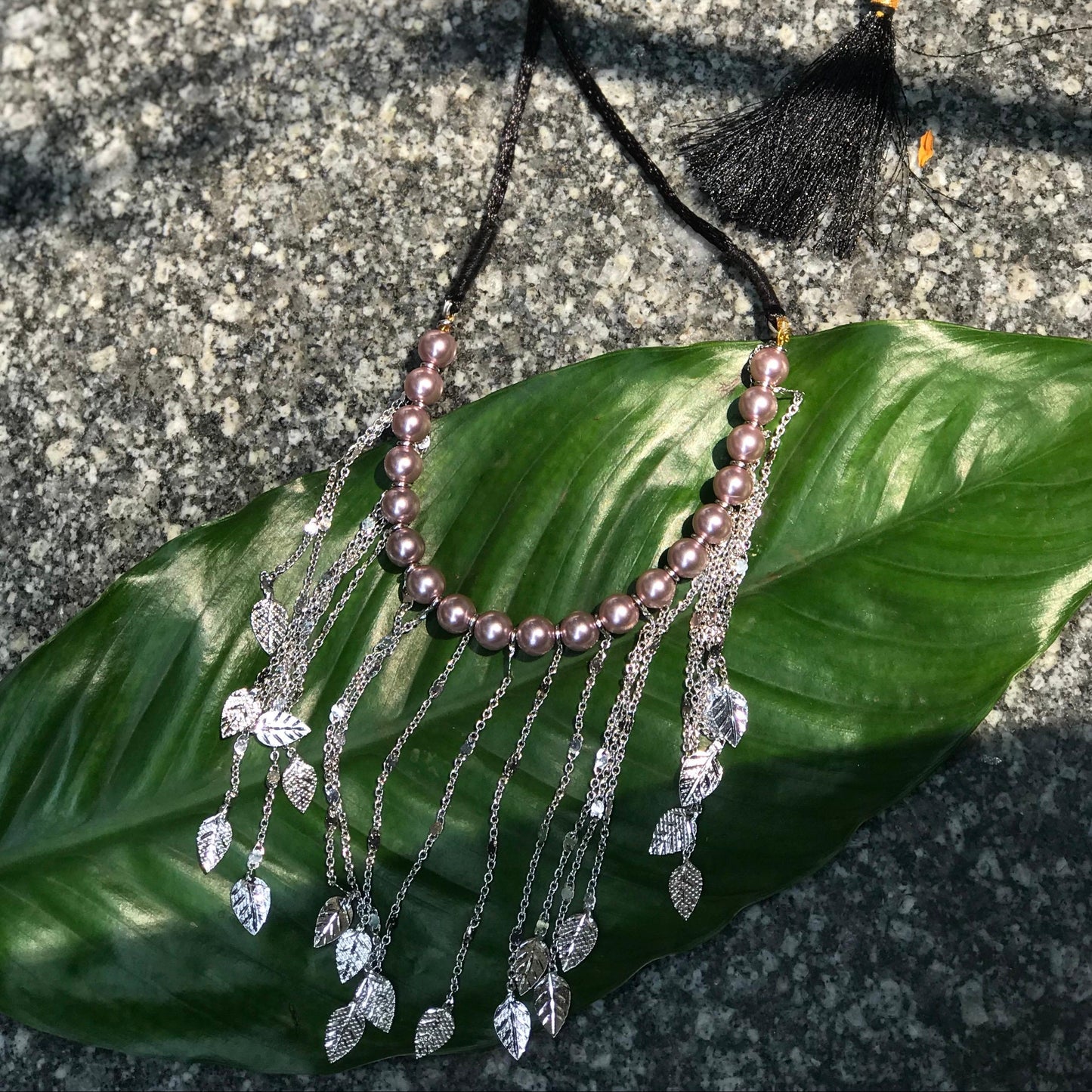 Lavender Pearl and Leaf Tassel Necklace