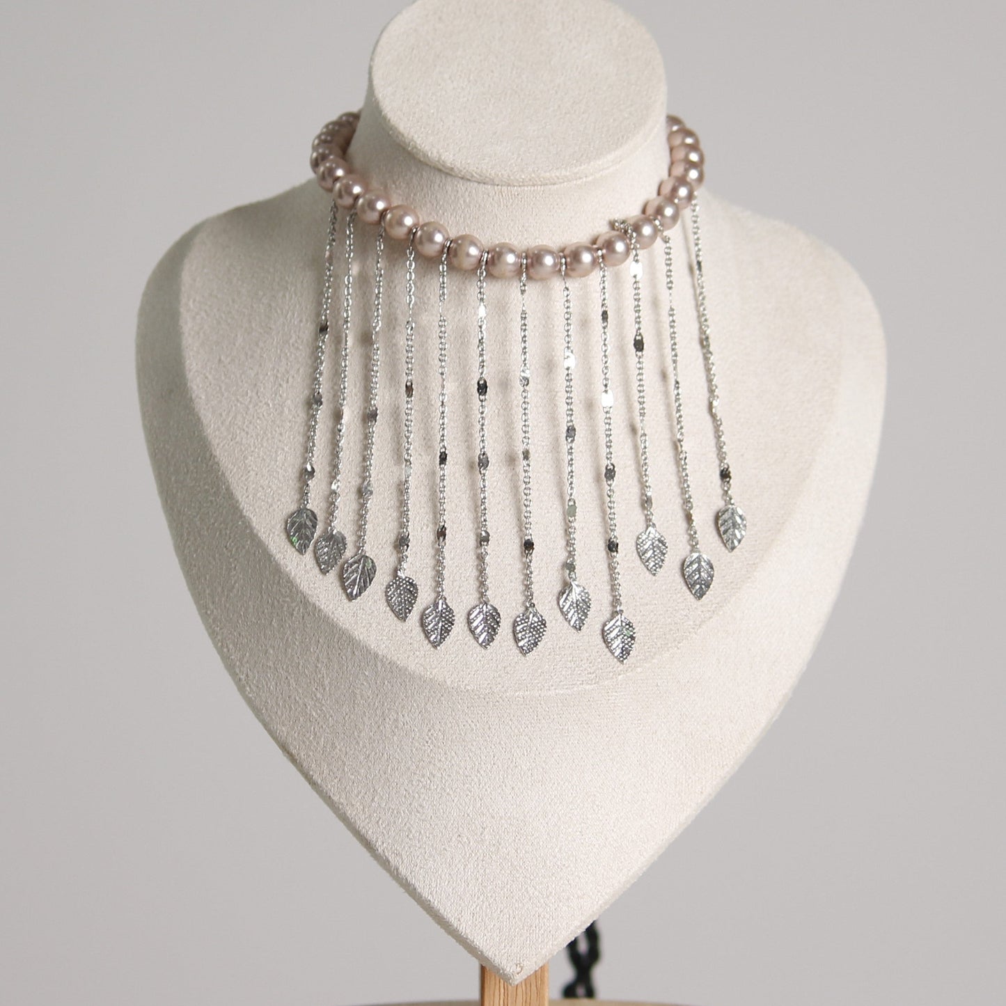 Lavender Pearl and Leaf Tassel Necklace