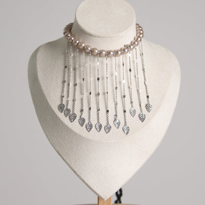 Lavender Pearl and Leaf Tassel Necklace