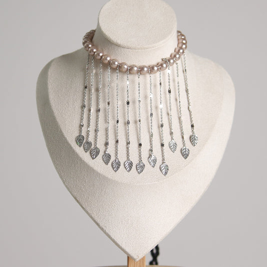 Lavender Pearl and Leaf Tassel Necklace