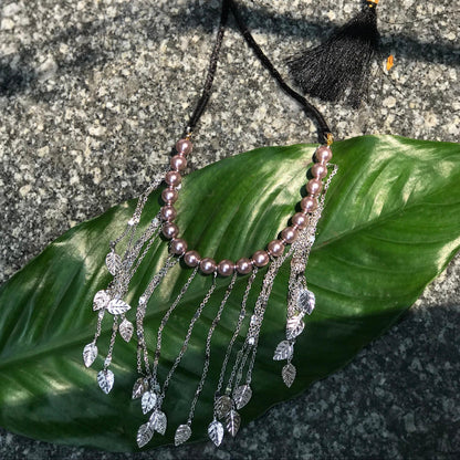 Lavender Pearl and Leaf Tassel Necklace
