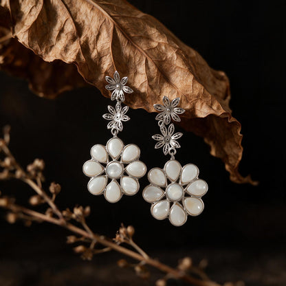 Mother Of Pearl Flower Earrings - Silver
