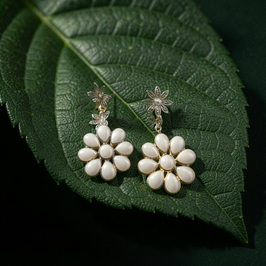 Mother Of Pearl Flower Earrings - Silver