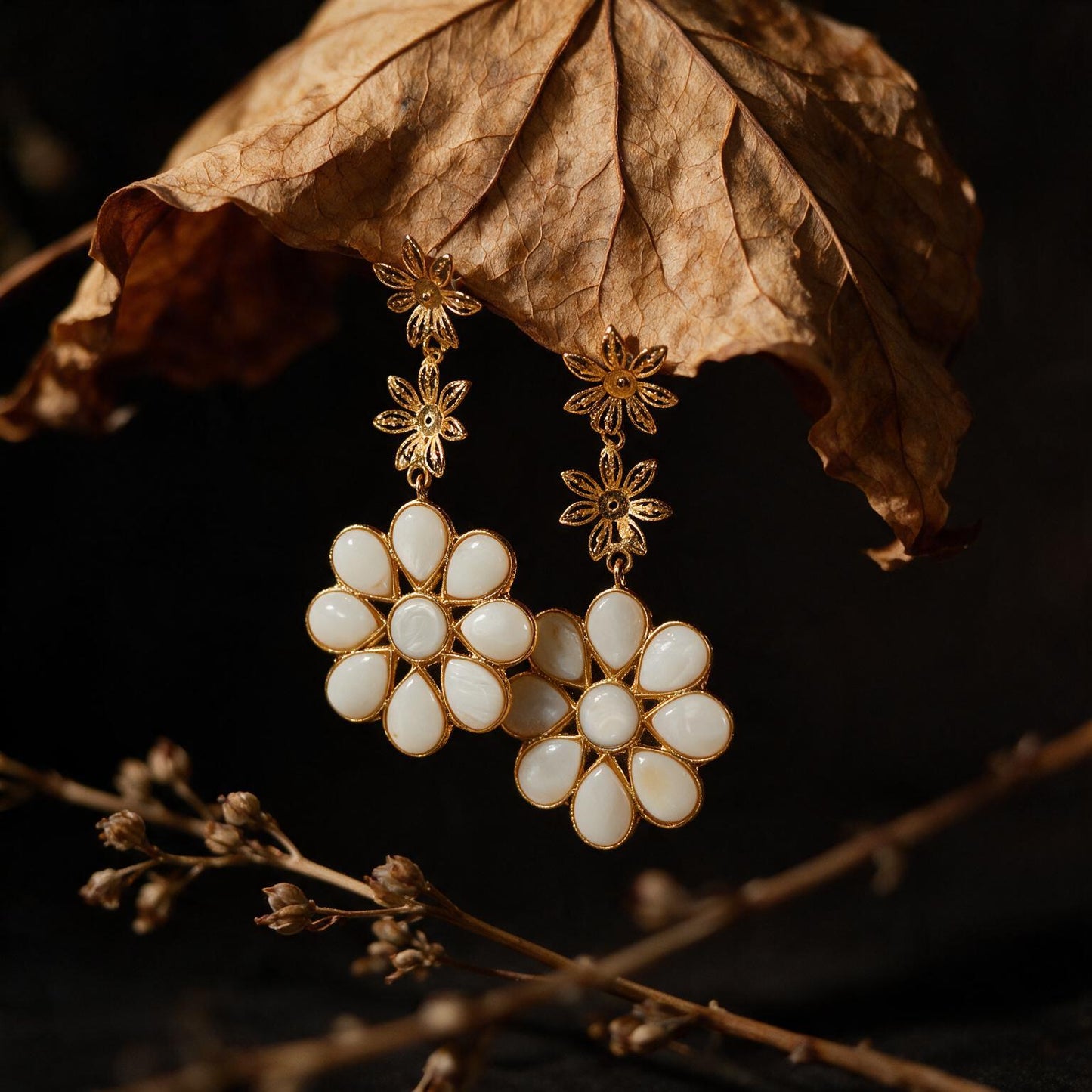 Mother Of Pearl Flower Earrings - Gold