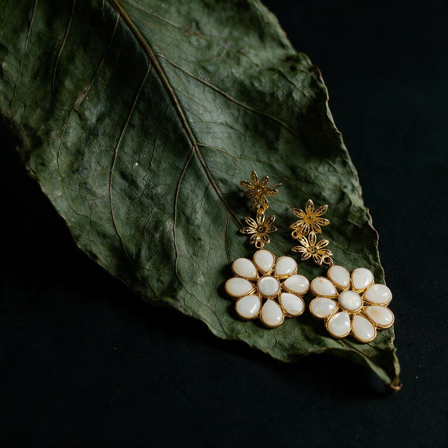 Mother Of Pearl Flower Earrings - Gold