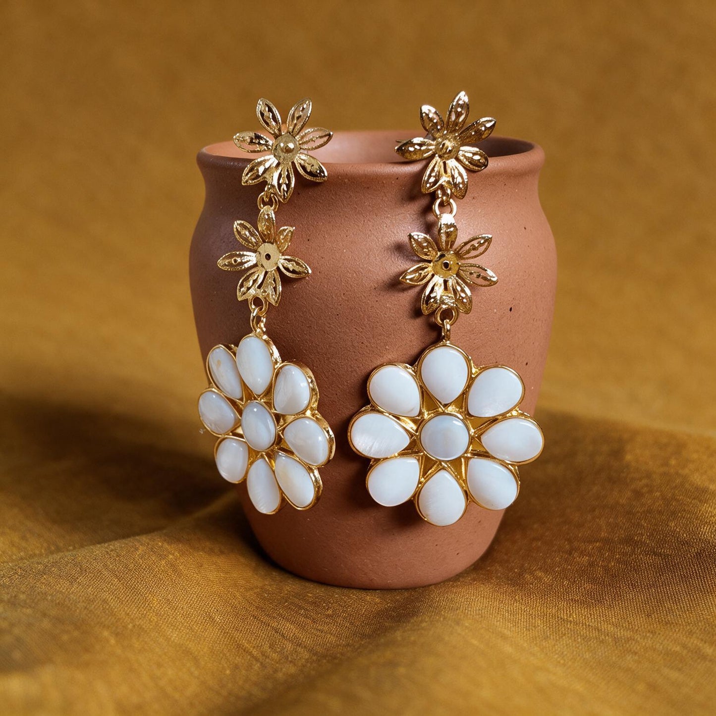 Mother Of Pearl Flower Earrings - Gold