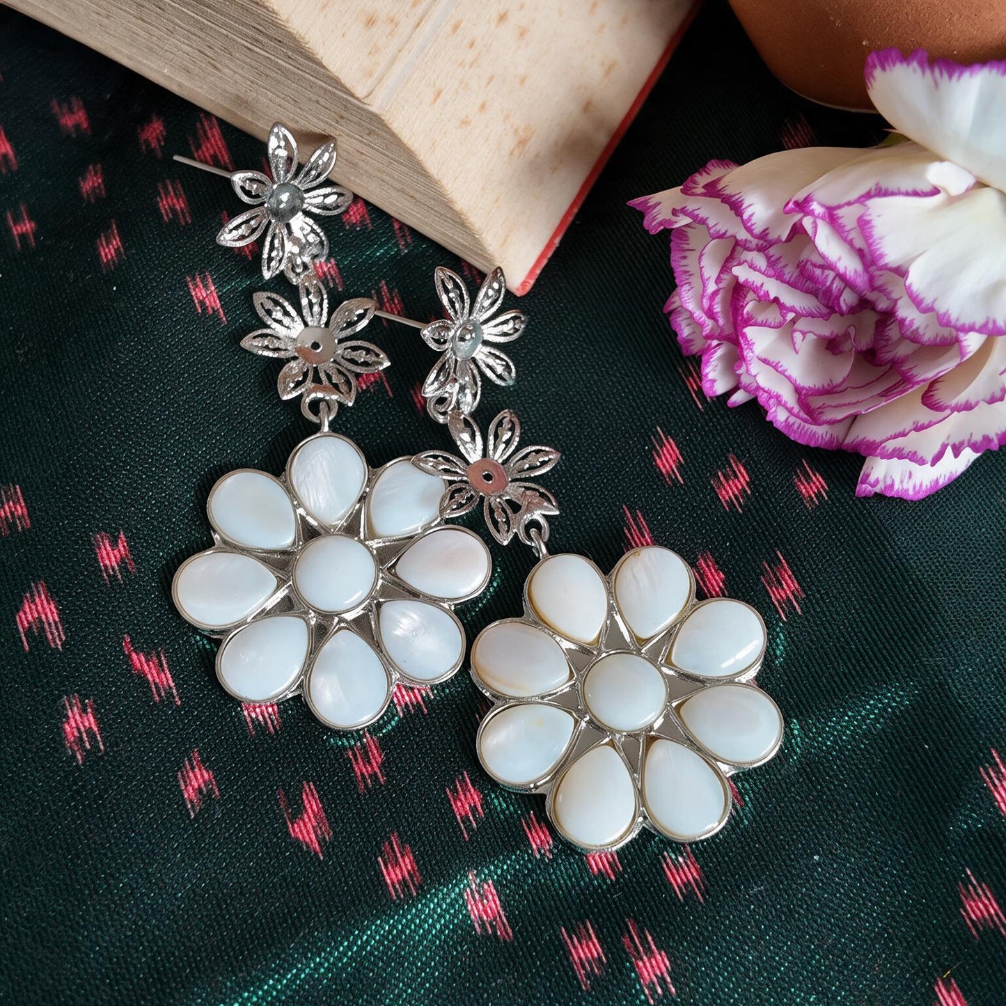 Mother Of Pearl Flower Earrings - Silver